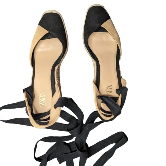 Zara Espadrille Wedge Sandals Black Tan Ankle Tie Wrap Platform Heels - Picture 3 of 14